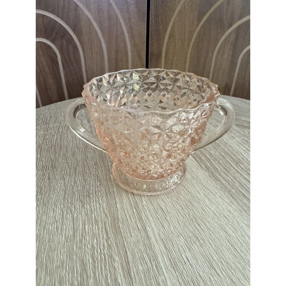 Vintage Jeanette Holiday Buttons Pink Depression Glass Sugar Bowl 2 Handles
